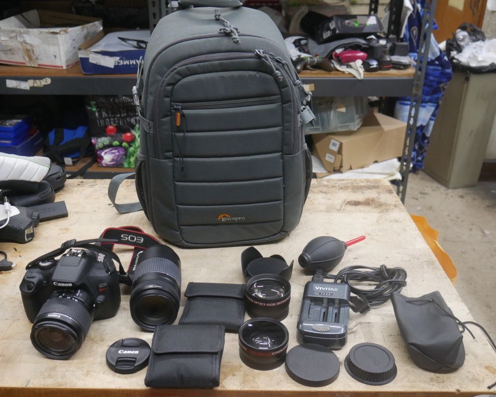 Canon EOS Rebel T7  Digital Camera DS126741, 18-55 MM LENS , 75-300MM LENS, MACRPO COMMANDER OPTICS HIGH DEFINITION 0.43X WIDE ANGLE LENS 58MM , COMMA