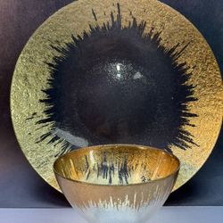 $9. Each or $129. For lot. Z Gallerie Solaris Gold Display Glassware. (4) Dinner size plates (6) salad size plates & (6) bowls. Have some in silver on