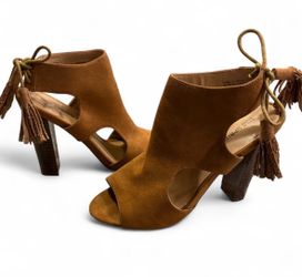 Brown suede open toe heels