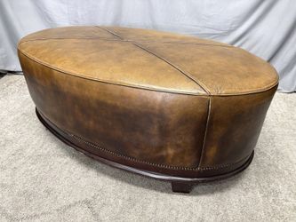 BAKER FURNITURE Distressed Caramel Leather Oval Ottoman w/ Nailhead Trim