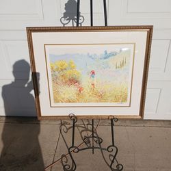 Vintage framed Picking flowers limited edition lithograph signed Claude Fosseux with COA
