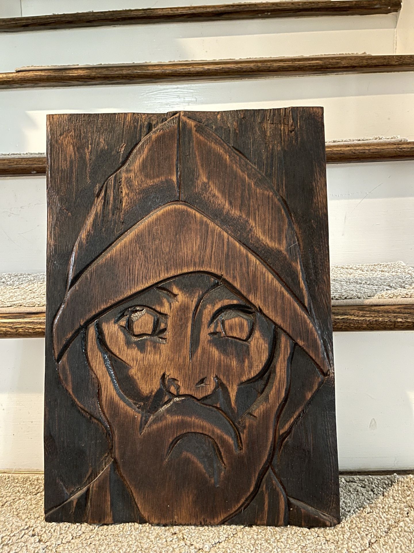 Signed vintage Rustic Wood Carved Old Man Face  Wall Art 16”*11.5”