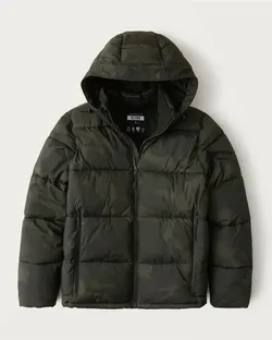 Abercrombie & Fitch Mens Ultra Stretch Logo Puffer Jacket Olive Green Camo (Size Medium) LIKE NEW