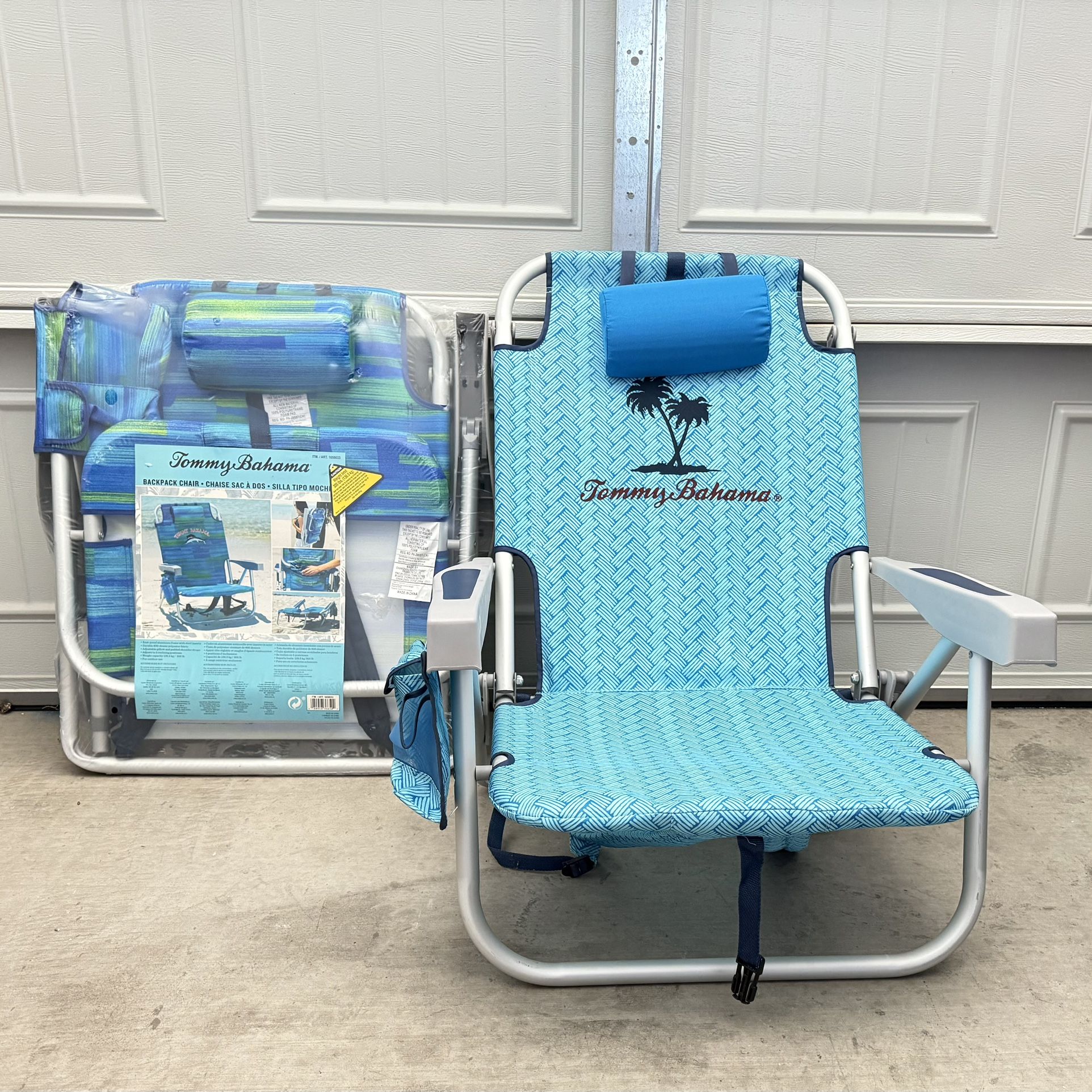 2 Tommy Bahama 5-Position Classic Lay Flat Folding Backpack Beach Chairs