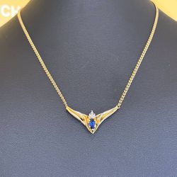 10k yellow gold Natural 0.5Ct Marquise Sapphire 0.01Ct Diamond 18” Necklace