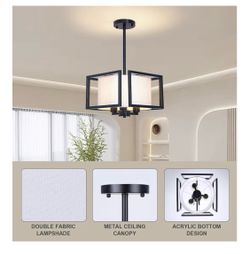 Industrial Semi Flush Mount Ceiling Light with Fabric Shade - Black Metal Frame