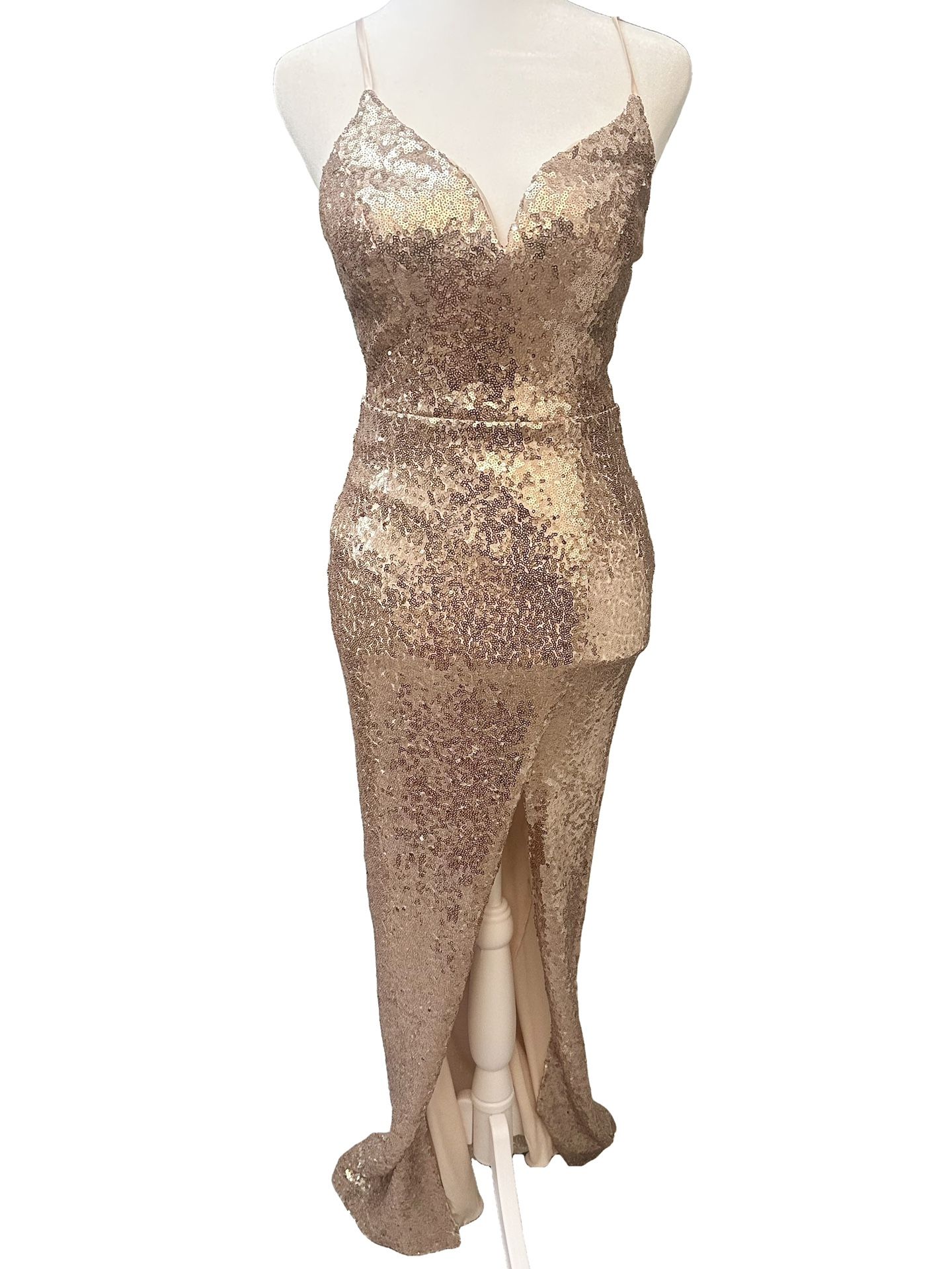 B Smart Formal Maxi Dress Sequined Rose Gold Blush Women’s Size 3/4. High Side Slit. Lined. Rear Zipper. #Cocktail #Wedding #Hoco #Sexy #Coquette #ret