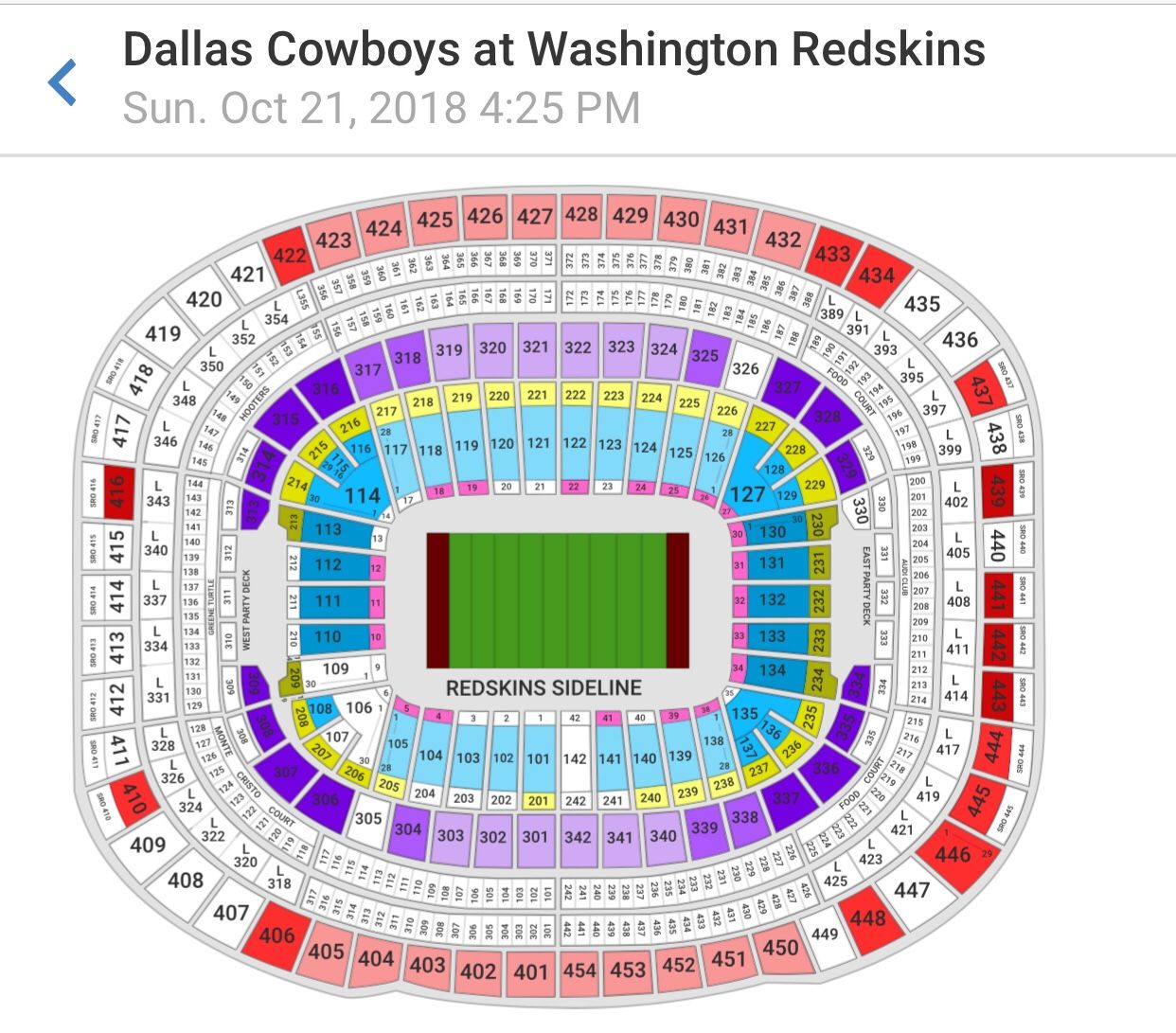 Redskins and Cowboys game ticket 10/21/18 @ 4:25 pm