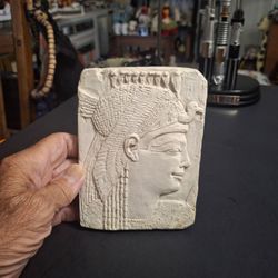 Egyptian Hanging Relief Carved Stone Plaque Of A Queen Or Goddess With Vulture Headdress- A Beautiful Carving 5.5" X 4.5"