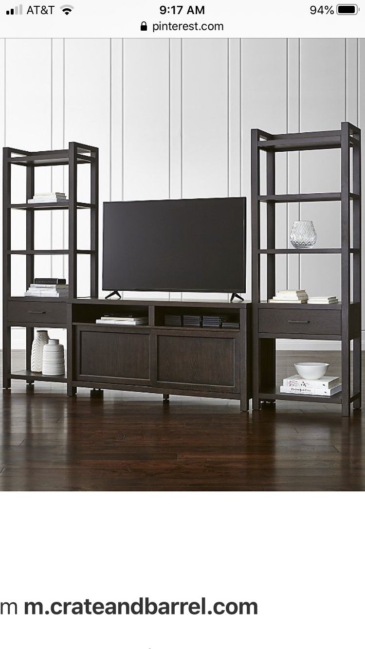 Crate and Barrel media center, tv stand media console with two towers, bookshelves- attached or separate- a lot of furniture in those 4 pieces!