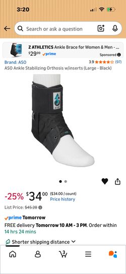 ASO Ankle Stabilizing Orthosis With Inserts. Large Black. As New. Never Worn.