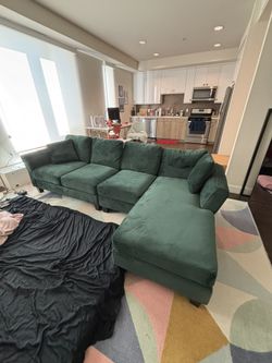 Green velvet couch L-shaped sofa with reversible chaise