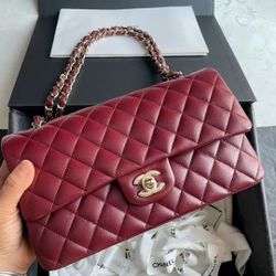 Chanel Lambskin Burgundy Handbag With Silver Hardware 