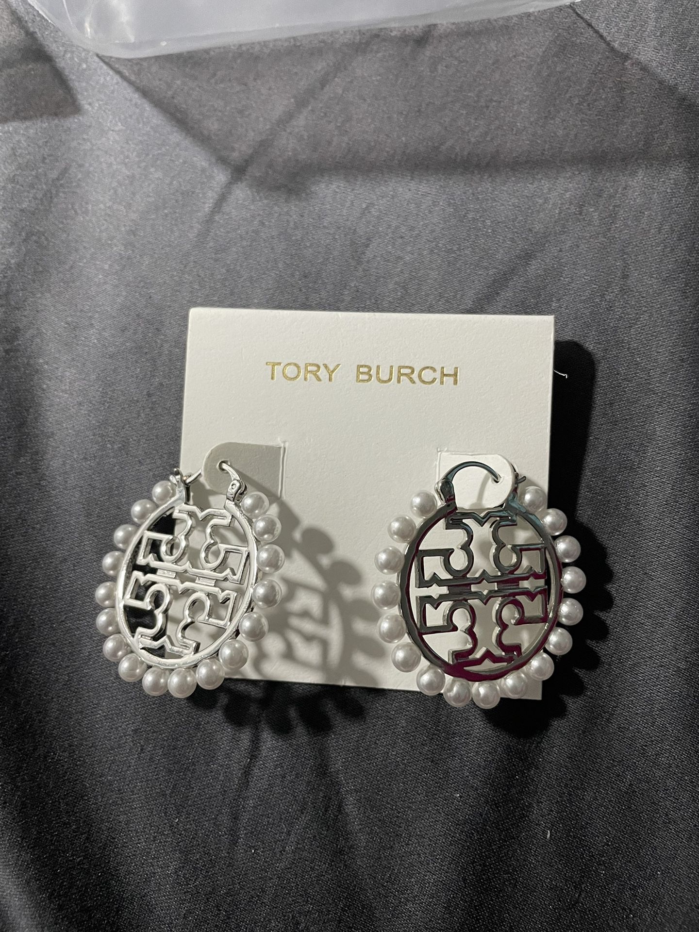 Tory Burch Hoop Earrings Silver With Pearl