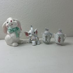 A set of porcelain figurines - Rabbit, elephant, and 2 mini teapots