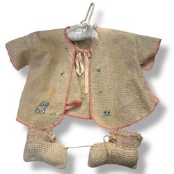 Vintage Handmade Doll Outfit Set Storybook Bunny w Knit Booties Pre-1970