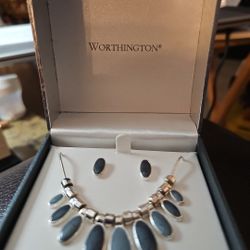 Worthington Enameled Teal On Silver Necklace And Earring Set.  NEW