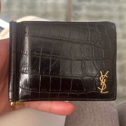 Authentic YSL Croc Embossed Leather Money Clip Wallet – Black & Gold