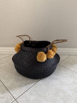 Woven Basket with Poms, Black