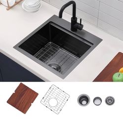 21x20 Inch Black Drop In Kitchen Sink Workstation - VAPSINT 21 Inch Topmount Gunmetal Black Bar Sink BCW-1 $80