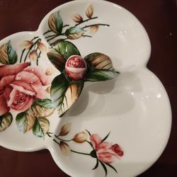Vintage 3 Chamber Divided Dish Bowl Painted Roses Sculpted Handle China Ceramic