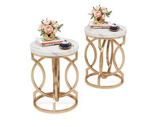 Set of 2Round End Multifunctional Accent Table Small Side Table for Living Room, White Gold with Faux Marble Top, 19.7"W x 19.7"D x 25.6"H