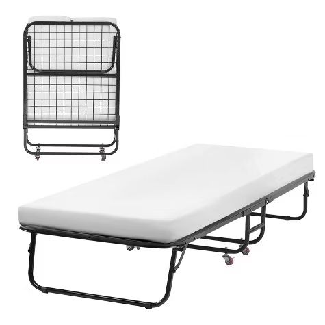 Folding Bed Portable Guest Bed with Comfortable Mattress Sturdy & Built-in Wheels