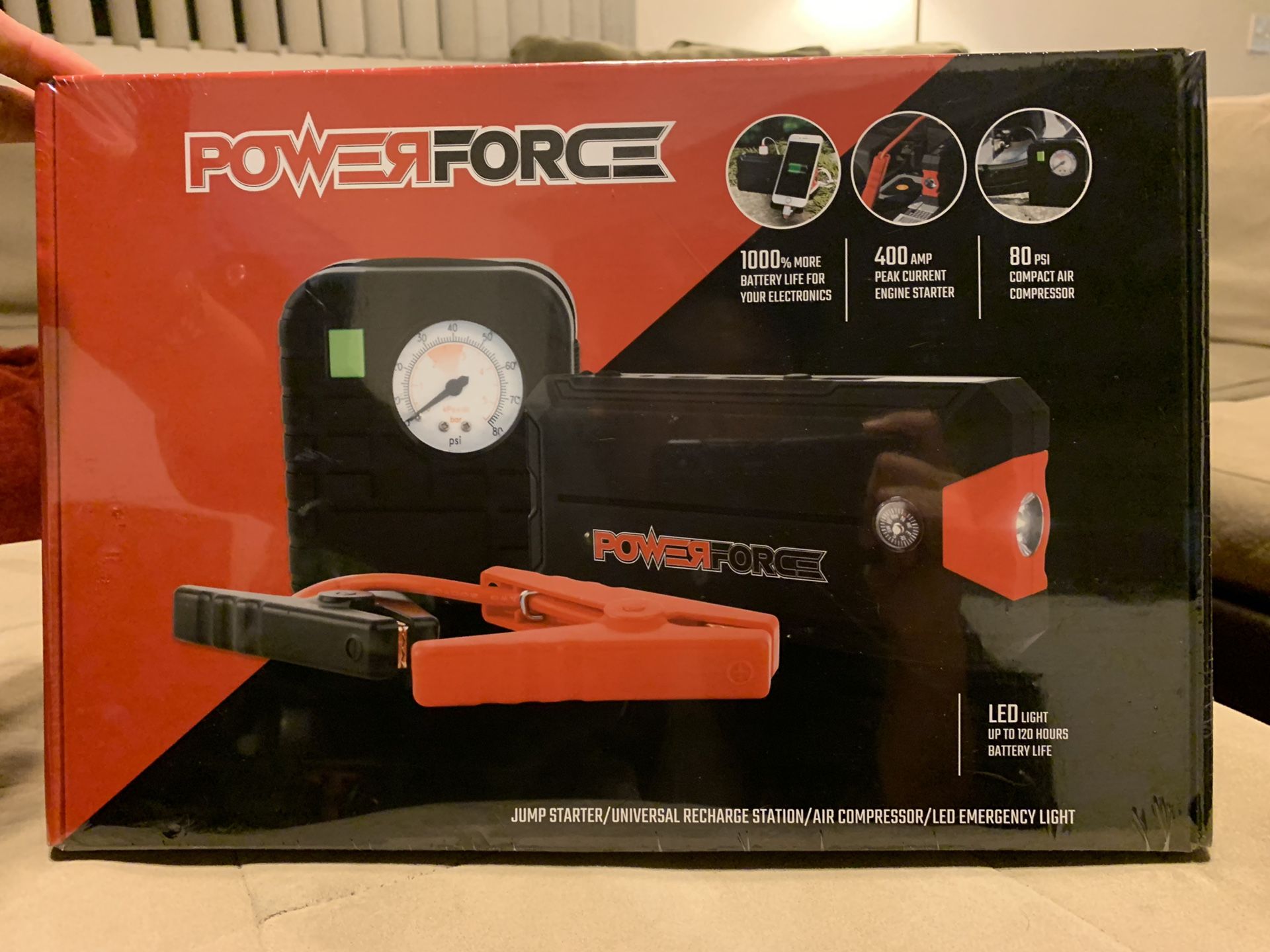 Power Force Jump Starter, Universal Recharger, Air Compressor, LED Emergency Light