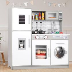 Play Kitchen for Kids, Wooden Chef Pretend Toy Kitchen w/Washing Machine, Water Dispenser, Stove, Real Sound & Light, Telephone, Range Hood, Oven, Sin