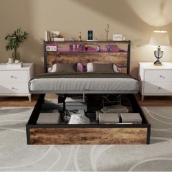 Full Size Hydraulic Lift Storage Bed Frame With RGB LED Lights (Rustic Brown + Metal & Wood + Bedroom)