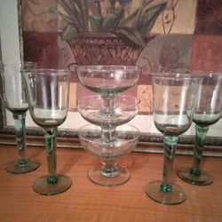 Set of 7 Green Hand-blown Stemmed Glasses

