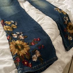 Denim Flare Jeans With Floral Fall Embroidery