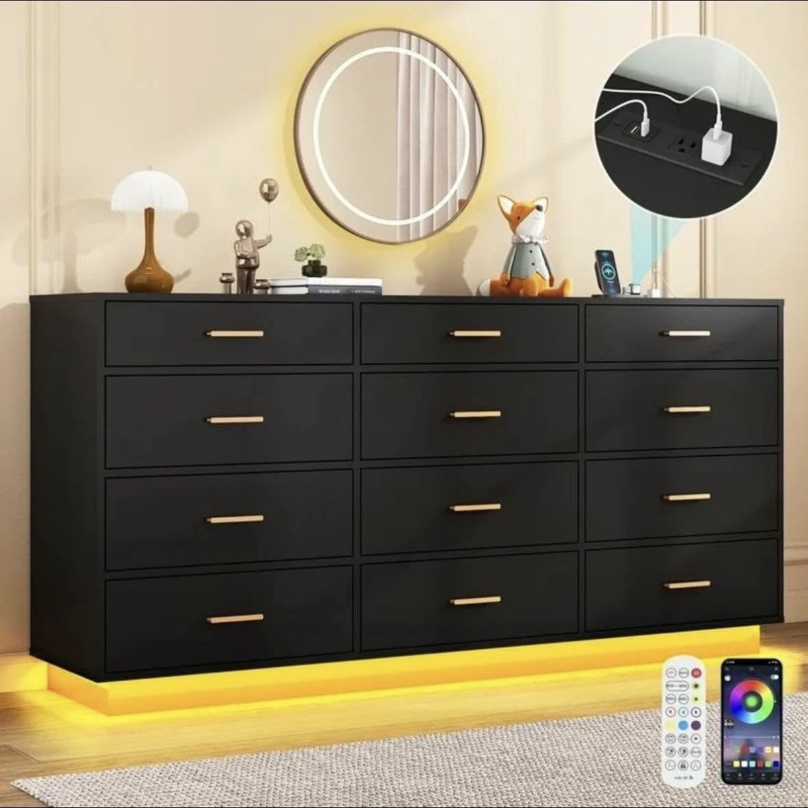 12 Drawer Dresser with 60000-color LED Lights & Power Outlet, 63" Long Modern Chest of Drawer