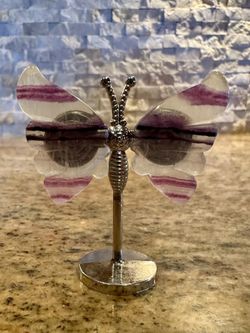 Brand New Small Purple and Clear Fluorite Crystal Butterfly on Metal Stand Decoration