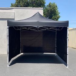 (Brand New) $129 Heavy Duty 10x10 ft with 3 Sidewalls, EZ Popup Canopy Outdoor Gazebo, Carry Bag (Black)