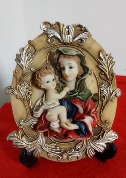 Catholic Wall Plaque Depicting the Holy Family, the Virgin Mary and the infant Jesus.