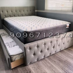 Full/Twin Gray Frenchi Tufted Trundle Beds W. Ortho Mattresses Included 