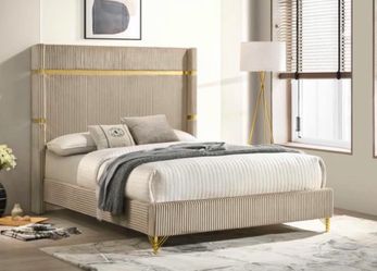 Brand new beige, and gold queen size bed without mattress
