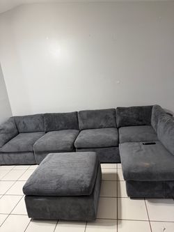 Gray Corduroy Sectional Sofa with Ottoman
