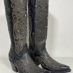 Women’s Corral Boots Black Laser Studded Embroidery Handmade G1551 Size 8.5 New In Box 