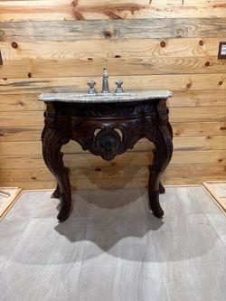 38” Ornate Single-Sink Vanity Carved Wood + Stone Top