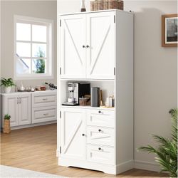 Farmhouse Kitchen Pantry Cabinet, Kitchen Storage Cabinet with 3 Door Shelves and 3 Drawer, Versatile Storage for Kitchen, Dining Room, Living Room, W
