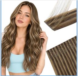 Sunny Hair Invisi Edge Tape in Hair Extensions Human Hair Blonde Highlights 20 Pcs, Dark Brown Highlight Caramel Blonde, 16 Inch, 40g, for Weekend Sty