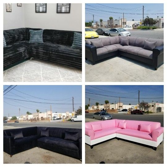 Brand NEW 7X9FT Sectional Sofas, COUCHES. PAILEY BLACK Fabric, CHARCOAL VELVET BLACK FABRIC And  PINK LEATHER  Set 2pc 