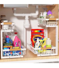 Liuoud Under Sink Organizer 2 Pack, 2 Tier Slide Out Large Capacity Height Adjustable Under Sink Organizers and Storage for Kitchen Bathroom Cabinet, 