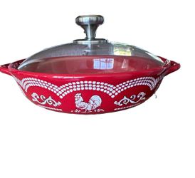 Temp-tations Red/White Round 4 qt Ceramic Baking Dish w/ Glass Lid 2pc