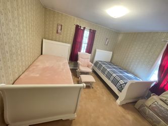 2 White Wooden Twin beds W Brand New Mattress & Box Spring And Rocking Chair