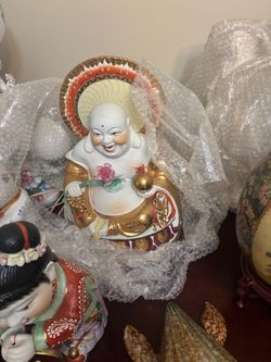 Porcelain Laughing Buddha Figurine with Halo