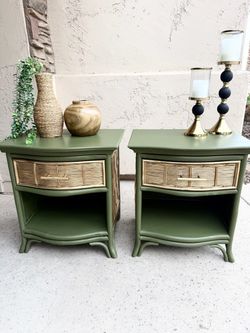 Pair of olive Green Rattan Nightstands