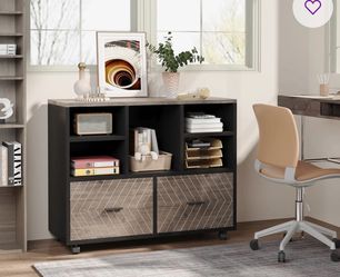 Atencio 2-Drawer Black and Gray Filing Cabinet, Wood 39.37 in. W Lateral File Cabinet, Movable File Cabinet with 5-Shelf